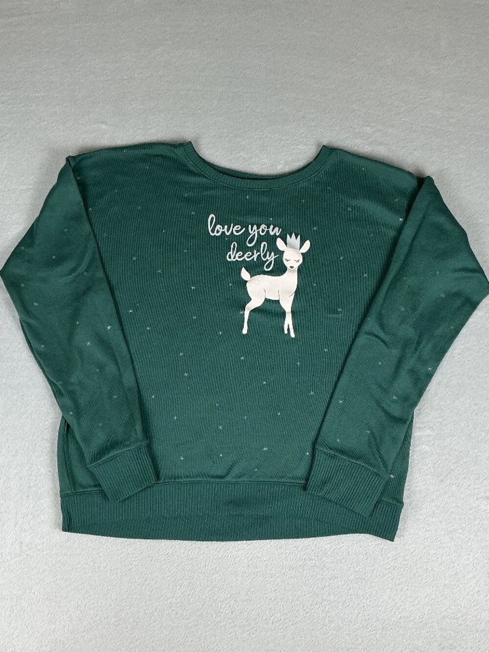 LC Lauren Conrad Women's Green Sweatshirt Size S Love You Deerly Cute Deer Print